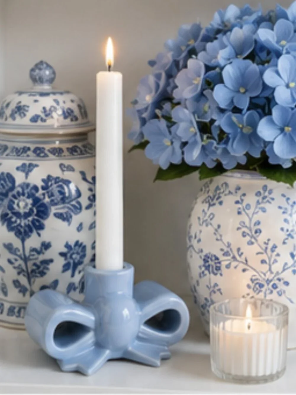 My Texas House Blue Ceramic Bow Taper Candle Holder 2.5